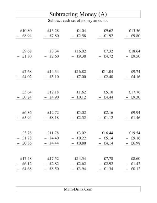 The Subtracting British Money to £10 -- Increments of 2 Pence (A) Math Worksheet