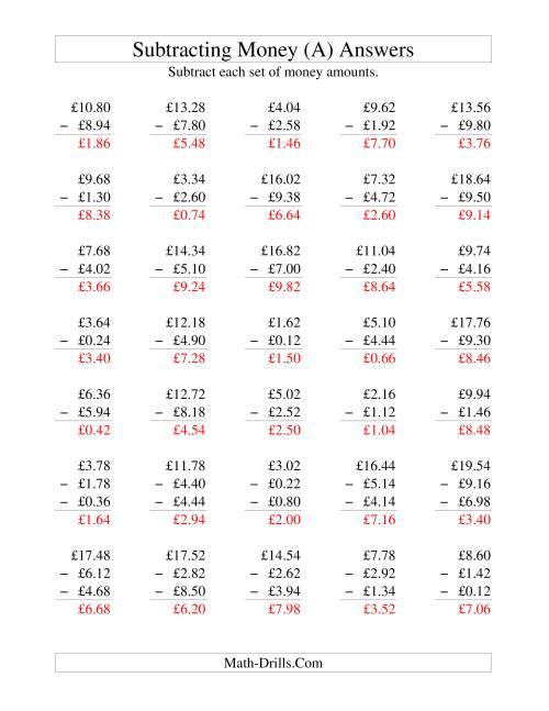 The Subtracting British Money to £10 -- Increments of 2 Pence (A) Math Worksheet Page 2