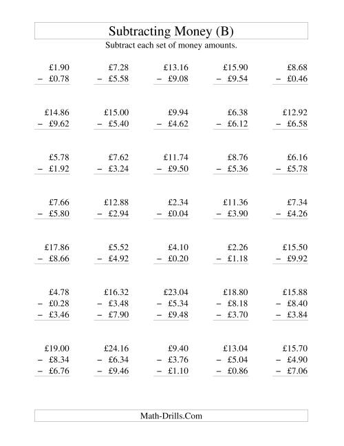The Subtracting British Money to £10 -- Increments of 2 Pence (B) Math Worksheet