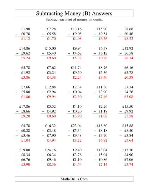 The Subtracting British Money to £10 -- Increments of 2 Pence (B) Math Worksheet Page 2
