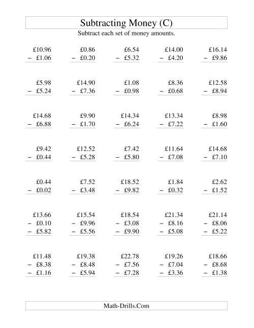 The Subtracting British Money to £10 -- Increments of 2 Pence (C) Math Worksheet