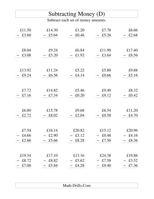 The Subtracting British Money to £10 -- Increments of 2 Pence (D) Math Worksheet
