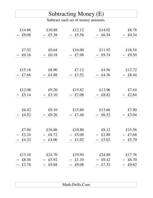 The Subtracting British Money to £10 -- Increments of 2 Pence (E) Math Worksheet