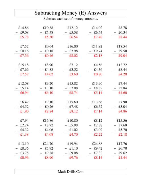 The Subtracting British Money to £10 -- Increments of 2 Pence (E) Math Worksheet Page 2