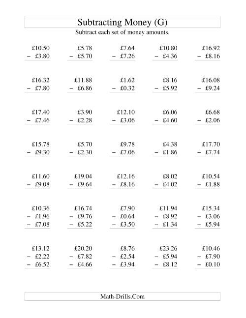 The Subtracting British Money to £10 -- Increments of 2 Pence (G) Math Worksheet