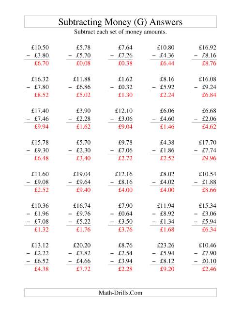 The Subtracting British Money to £10 -- Increments of 2 Pence (G) Math Worksheet Page 2