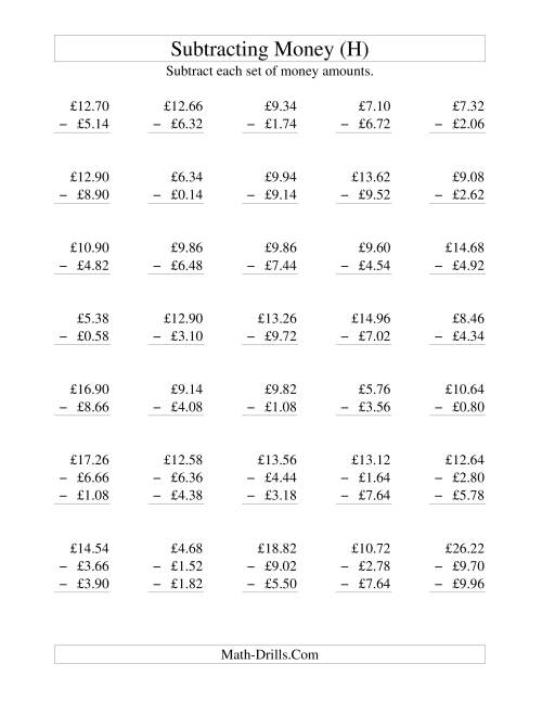 The Subtracting British Money to £10 -- Increments of 2 Pence (H) Math Worksheet