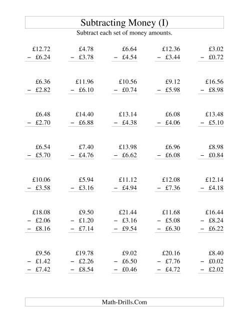 The Subtracting British Money to £10 -- Increments of 2 Pence (I) Math Worksheet