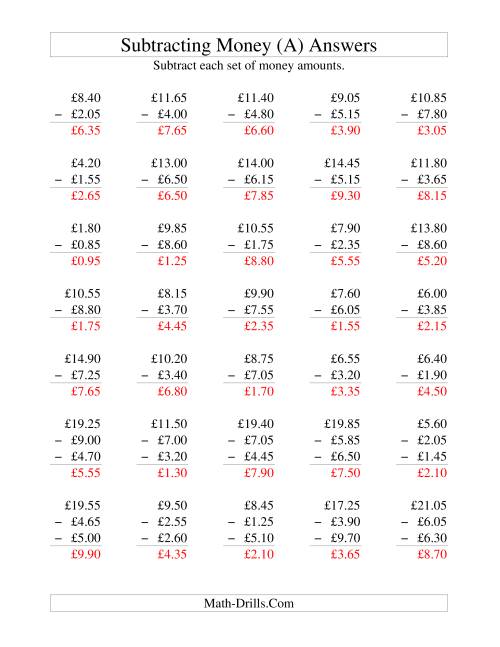 The Subtracting British Money to £10 -- Increments of 5 Pence (A) Math Worksheet Page 2