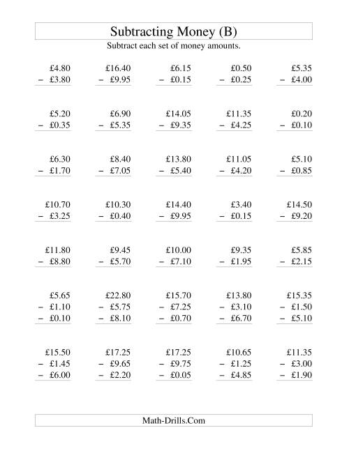 The Subtracting British Money to £10 -- Increments of 5 Pence (B) Math Worksheet