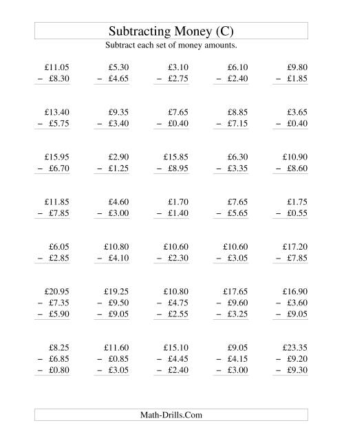 The Subtracting British Money to £10 -- Increments of 5 Pence (C) Math Worksheet