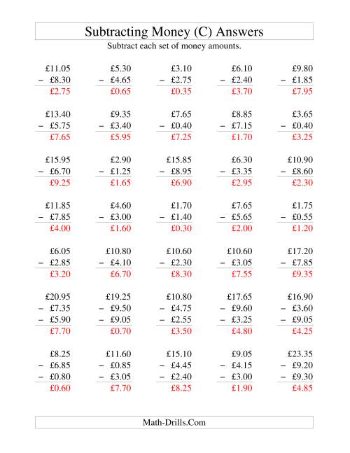 The Subtracting British Money to £10 -- Increments of 5 Pence (C) Math Worksheet Page 2