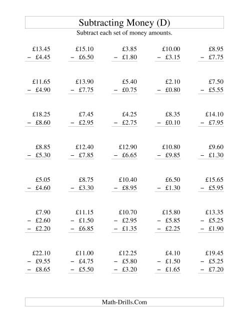 The Subtracting British Money to £10 -- Increments of 5 Pence (D) Math Worksheet