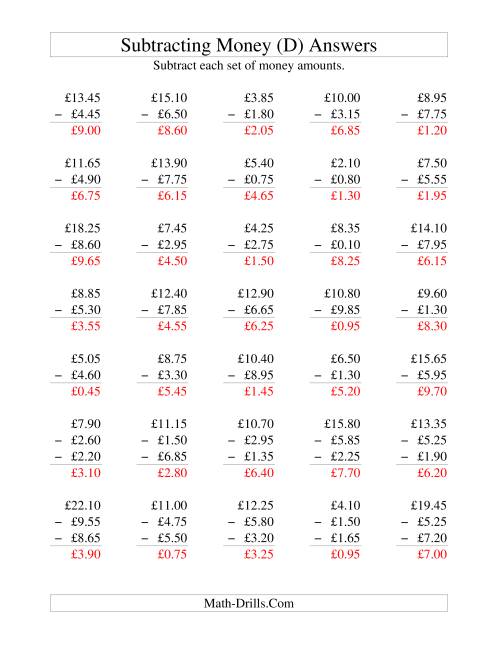 The Subtracting British Money to £10 -- Increments of 5 Pence (D) Math Worksheet Page 2