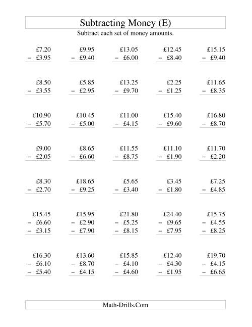 The Subtracting British Money to £10 -- Increments of 5 Pence (E) Math Worksheet
