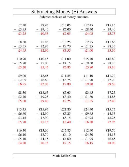 The Subtracting British Money to £10 -- Increments of 5 Pence (E) Math Worksheet Page 2