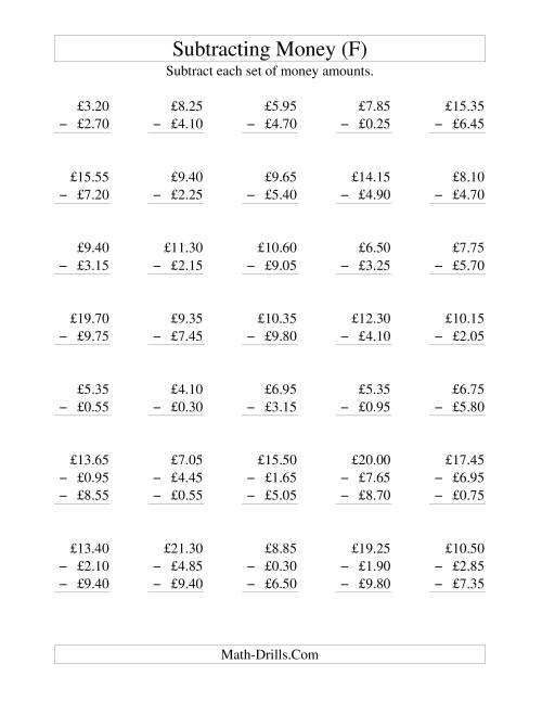 The Subtracting British Money to £10 -- Increments of 5 Pence (F) Math Worksheet
