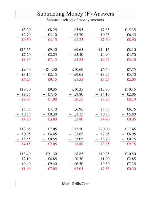 The Subtracting British Money to £10 -- Increments of 5 Pence (F) Math Worksheet Page 2