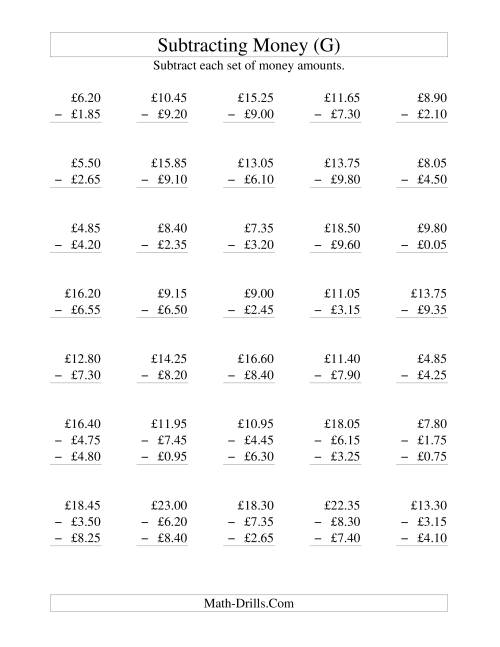 The Subtracting British Money to £10 -- Increments of 5 Pence (G) Math Worksheet