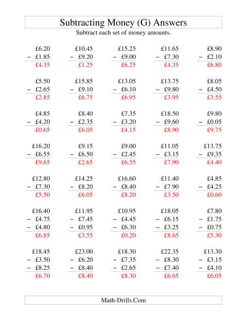The Subtracting British Money to £10 -- Increments of 5 Pence (G) Math Worksheet Page 2
