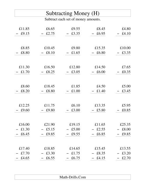 The Subtracting British Money to £10 -- Increments of 5 Pence (H) Math Worksheet