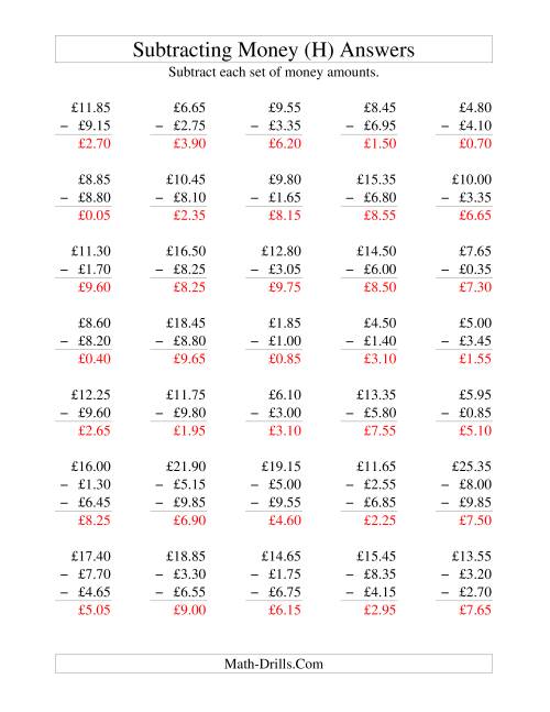 The Subtracting British Money to £10 -- Increments of 5 Pence (H) Math Worksheet Page 2
