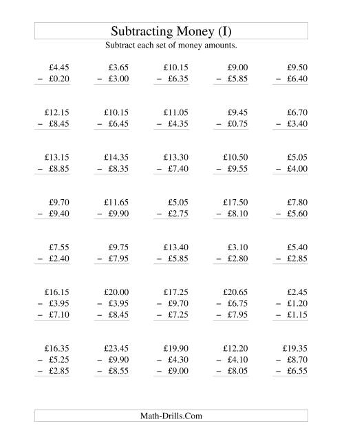 The Subtracting British Money to £10 -- Increments of 5 Pence (I) Math Worksheet