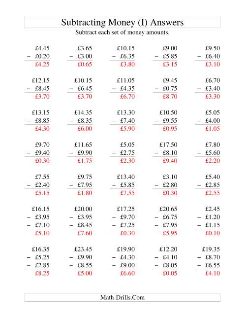 The Subtracting British Money to £10 -- Increments of 5 Pence (I) Math Worksheet Page 2
