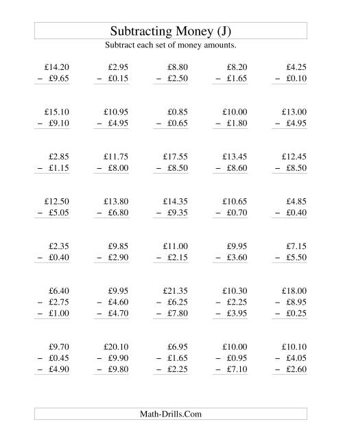 The Subtracting British Money to £10 -- Increments of 5 Pence (J) Math Worksheet
