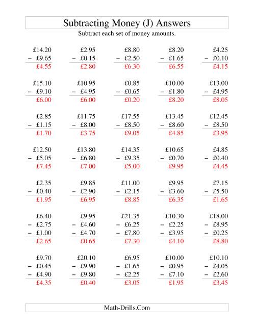 The Subtracting British Money to £10 -- Increments of 5 Pence (J) Math Worksheet Page 2