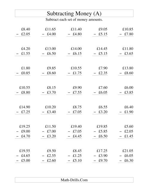 The Subtracting British Money to £10 -- Increments of 5 Pence (All) Math Worksheet