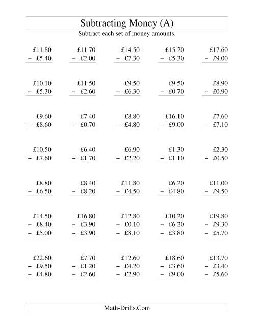 The Subtracting British Money to £10 -- Increments of 10 Pence (A) Math Worksheet
