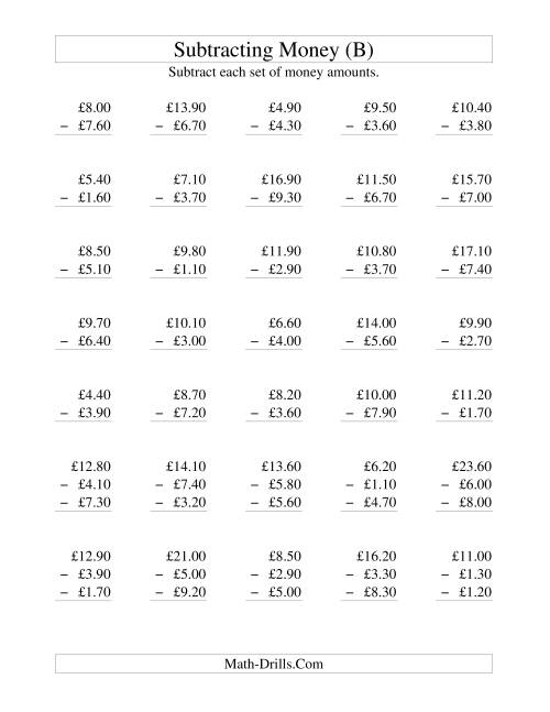 The Subtracting British Money to £10 -- Increments of 10 Pence (B) Math Worksheet