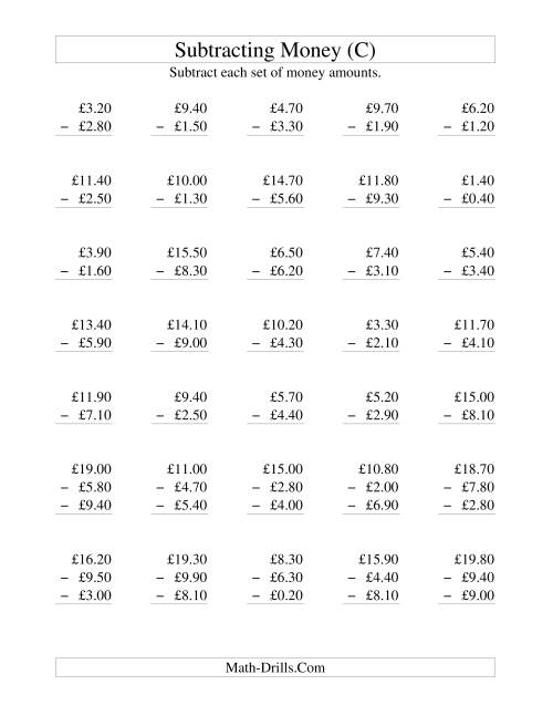 The Subtracting British Money to £10 -- Increments of 10 Pence (C) Math Worksheet