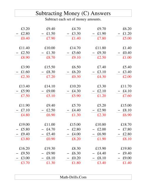 The Subtracting British Money to £10 -- Increments of 10 Pence (C) Math Worksheet Page 2