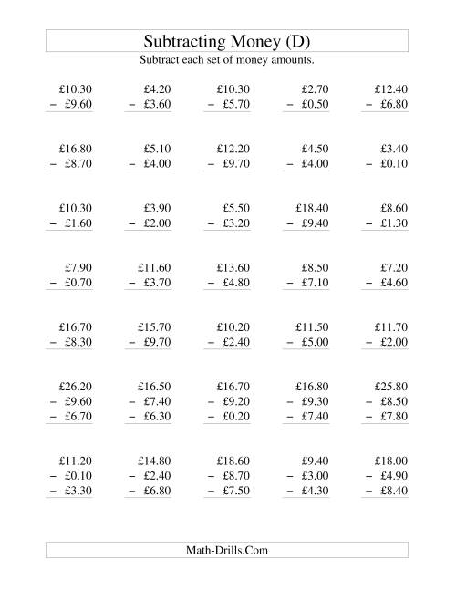 The Subtracting British Money to £10 -- Increments of 10 Pence (D) Math Worksheet