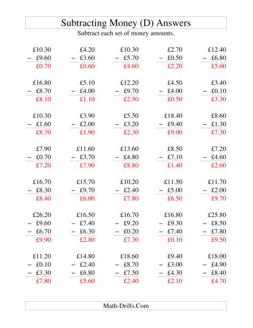 The Subtracting British Money to £10 -- Increments of 10 Pence (D) Math Worksheet Page 2