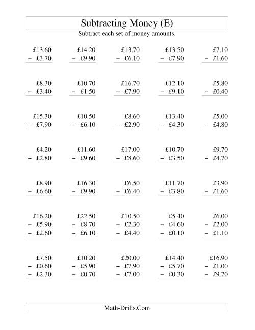 The Subtracting British Money to £10 -- Increments of 10 Pence (E) Math Worksheet