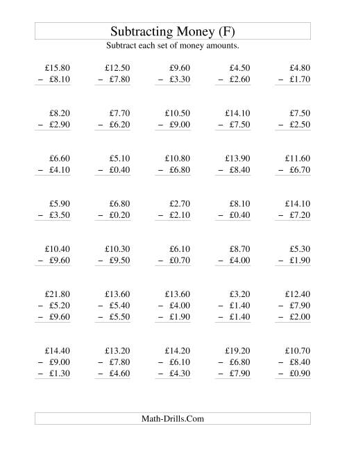 The Subtracting British Money to £10 -- Increments of 10 Pence (F) Math Worksheet