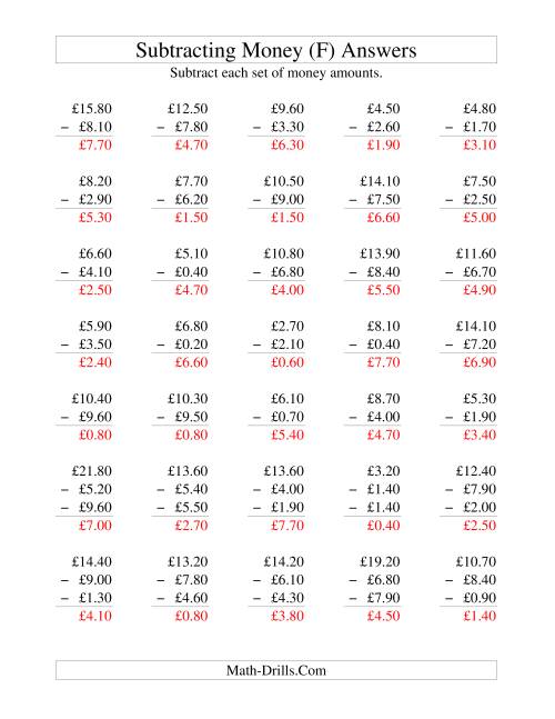The Subtracting British Money to £10 -- Increments of 10 Pence (F) Math Worksheet Page 2