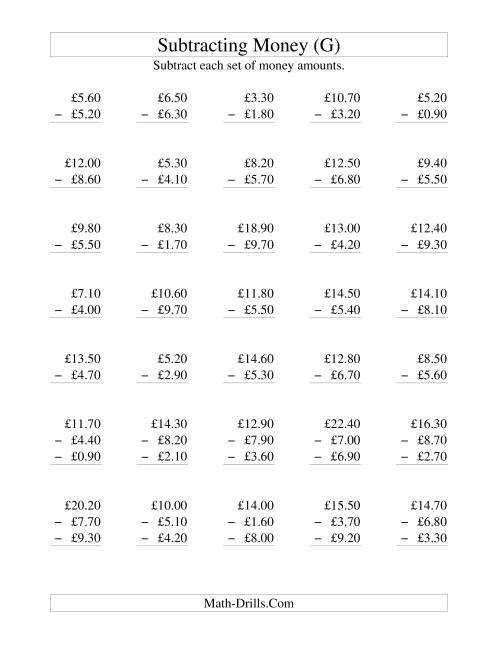 The Subtracting British Money to £10 -- Increments of 10 Pence (G) Math Worksheet