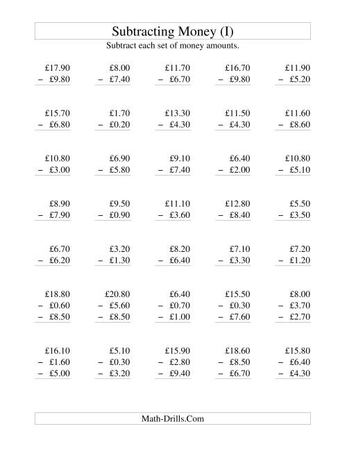 The Subtracting British Money to £10 -- Increments of 10 Pence (I) Math Worksheet