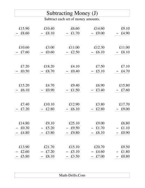 The Subtracting British Money to £10 -- Increments of 10 Pence (J) Math Worksheet