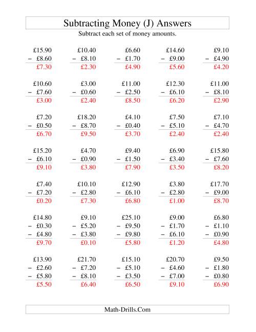 The Subtracting British Money to £10 -- Increments of 10 Pence (J) Math Worksheet Page 2