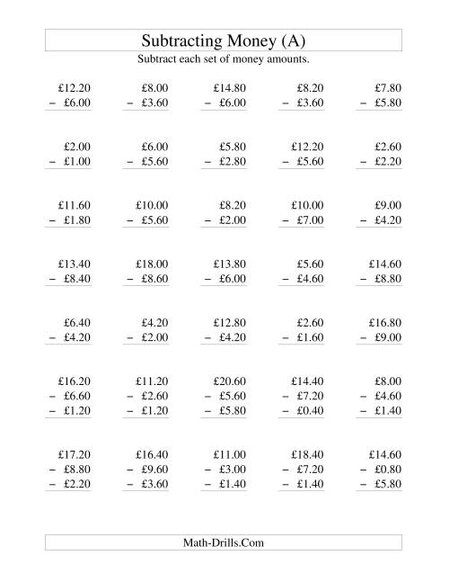 The Subtracting British Money to £10 -- Increments of 20 Pence (A) Math Worksheet