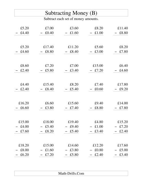 The Subtracting British Money to £10 -- Increments of 20 Pence (B) Math Worksheet
