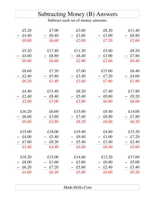 The Subtracting British Money to £10 -- Increments of 20 Pence (B) Math Worksheet Page 2