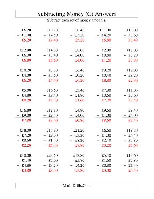 The Subtracting British Money to £10 -- Increments of 20 Pence (C) Math Worksheet Page 2