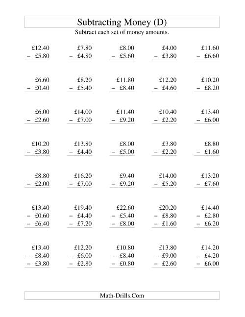 The Subtracting British Money to £10 -- Increments of 20 Pence (D) Math Worksheet