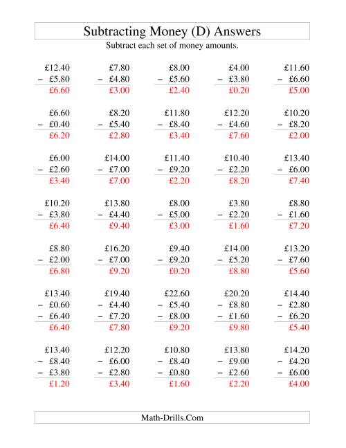 The Subtracting British Money to £10 -- Increments of 20 Pence (D) Math Worksheet Page 2